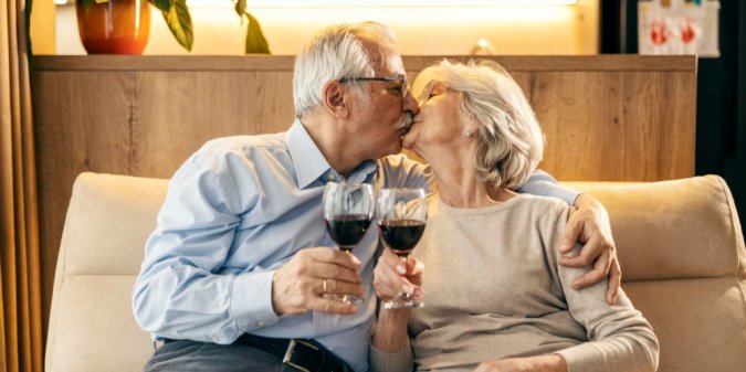 A senior couple enjoying a warm moment together